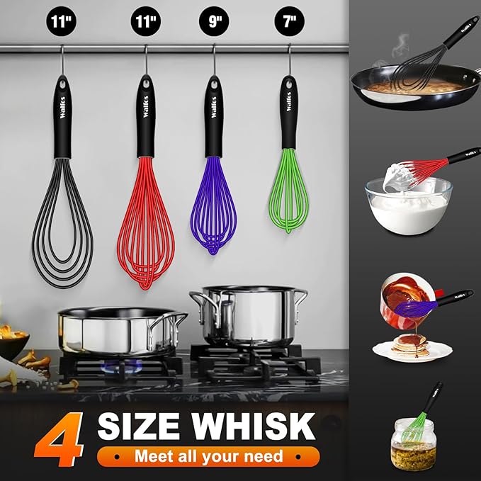 Walfos Whisk,Whisks for Cooking Non Scratch.Silicone Whisk Set of 4 Kitchen Wisk-11in Flat wisk and 7+9+11in Balloon Whisk.Nice for Mixing,Whisking and Stirring.Dishwasher Safe.(4pcs-Colorful) - Image 5