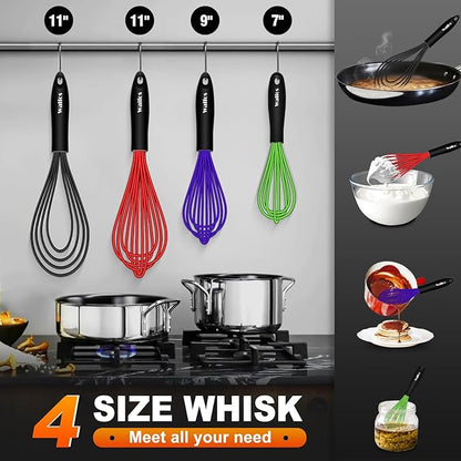 Walfos Whisk,Whisks for Cooking Non Scratch.Silicone Whisk Set of 4 Kitchen Wisk-11in Flat wisk and 7+9+11in Balloon Whisk.Nice for Mixing,Whisking and Stirring.Dishwasher Safe.(4pcs-Colorful) - Image 5