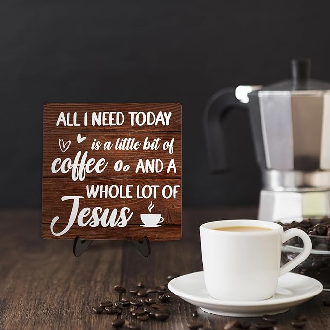Coffee Bar Plaque, Vintage Desk Decor for Home or Office,Cafe Bar Sign - All I Need Today is a Little Bit of Coffee and A Whole Lot of Jesus,Christian Kitchen Accessories 5.9x5.9IN(Brown) - Image 5