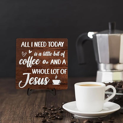 Coffee Bar Plaque, Vintage Desk Decor for Home or Office,Cafe Bar Sign - All I Need Today is a Little Bit of Coffee and A Whole Lot of Jesus,Christian Kitchen Accessories 5.9x5.9IN(Brown) - Image 5
