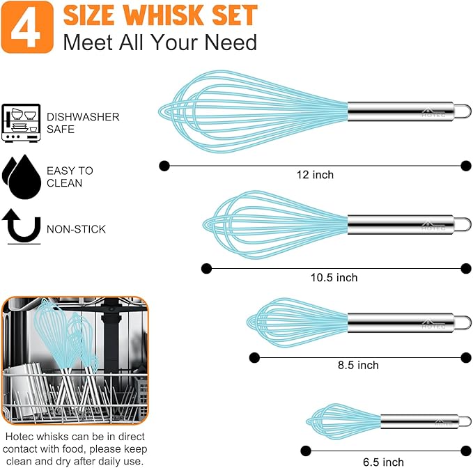 HOTEC 4 Pieces Silicone Whisks Set, Wire Balloon Whisks Egg Beater, Non-slip Handle Whisk for Non-stick Cookware Perfect for Cooking, Stirring, Beating and Blending (Blue) - Image 2