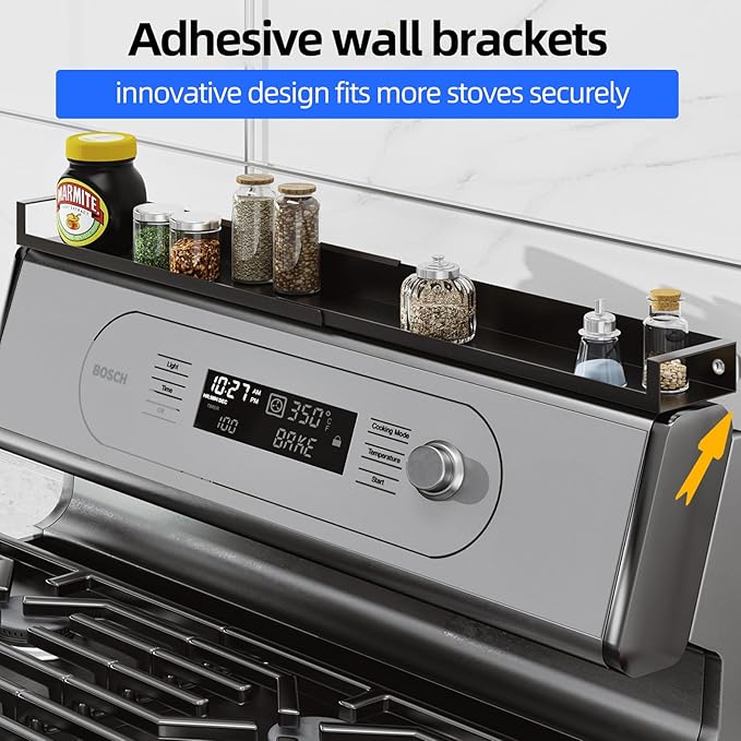 SZJHXIN 4X Strong Magnetic Stove Top Shelf, Adjustable 15-30 Inches, Fits Various Stove Lengths, Kitchen Organizer, Holds Spices, Condiments and BBQ Sauces (Matte Black)