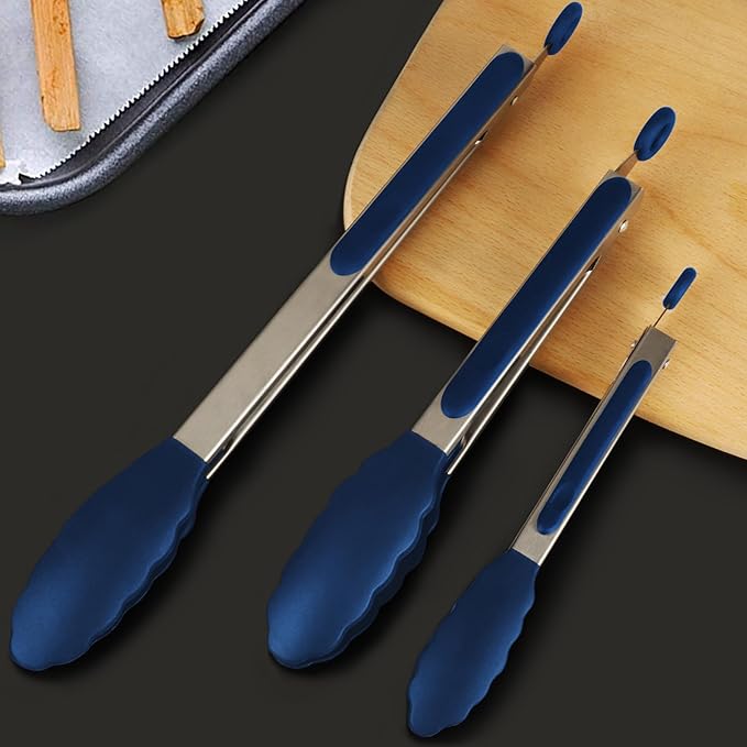 HOTEC Premium Stainless Steel Locking Kitchen Tongs with Silicon Tips, Set of 3-7", 9" and 12" (Classic Blue) - Image 6
