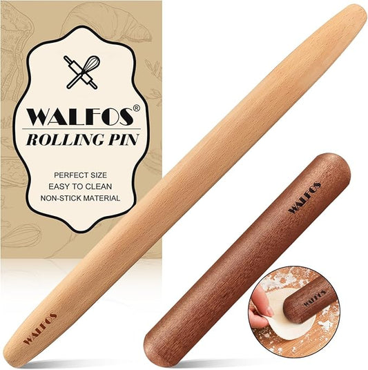 Walfos French Rolling Pin Set - Natural Wooden Rolling Pins (8inch, 15.7inch), Baking Dough Roller for Pizza, Pie, Pasta, Bread, Pastry, No Coating by Walfos