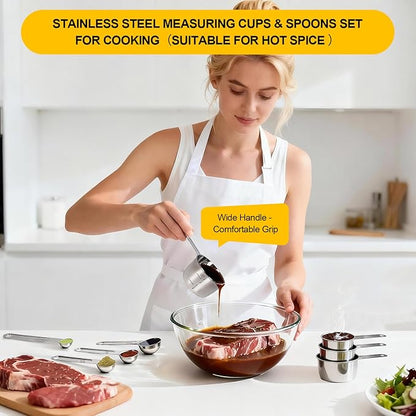 Stainless Steel Measuring Cups and Spoons Set, 8 PCS Long Handle Measure Cups and Spoons Premium Stackable Measuring Cups for Kitchen Cooking & Baking, Dry & Liquid Dishwasher Safe - Image 4