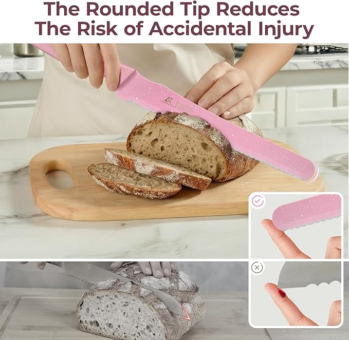 CoquusAid Upgrade Bread Knife for Homemade Bread, World‘s 1st Double Serrated Knife for Crusty Sourdough, 11.6 Inch Stainless Steel Bread Slicer, Professional Sourdough Cutter, Ideal for Gift, Pink - Image 6
