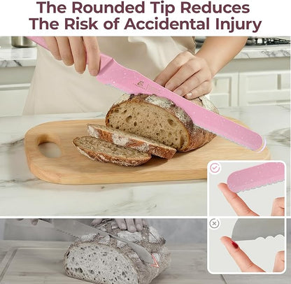 CoquusAid Upgrade Bread Knife for Homemade Bread, World‘s 1st Double Serrated Knife for Crusty Sourdough, 11.6 Inch Stainless Steel Bread Slicer, Professional Sourdough Cutter, Ideal for Gift, Pink - Image 6