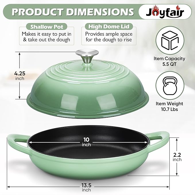 Bread Dutch Oven for Sourdough Baking (5.5 QT), Joyfair Enameled Cast Iron Dutch Oven Pot with Lid, Sourdough Bread Pan with Dual Handles, Non-Stick & Even Heat, Oven-safe up to 500°F, Pistachio Green - Image 7