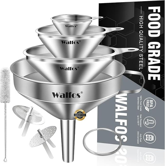 Stainless Steel Funnel, Walfos 4 Pack(4in、3 in、2.2 in、1.7in Kitchen Funnel with 2 Removable Strainer ＆ 1Pcs Cleaning Brush, Perfect for Transferring of Liquid, Oils, Jam, Dry Ingredients & Powder by Walfos