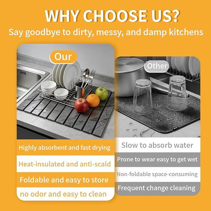 Stone Dish Drying Mat for Kitchen Counter, 24"×16" Quick Dry Stone Dishes Mat, Foldable Water Absorbing Diatomaceous Earth Drying Mats with Non-Slip Heat-Resistant Base for Dishes Utensils(Dark Gray) - Image 4