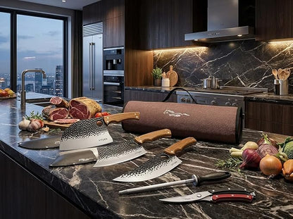 9 PCS Butcher Viking Camping Knife Set, 7" Serbian Chef Knife, 7" Butcher Meat Cleaver, 6.5" Viking Knife, 3 Knife Sheath, Honing Steel, Poultry Shears and Knife Roll Bag (Stylish Horse Pattern)