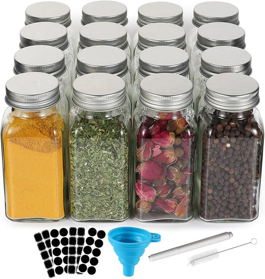 16 Pack 6 oz Glass Spice Jars with 80 Black Labels,180ml Empty Square Spice Containers Seasoning Bottles with Silver Caps and Shaker Lids for Kitchen Storage(Chalk Marker,Funnel and Brush include) by Keketin