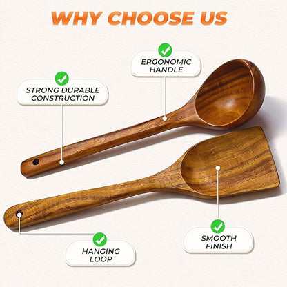 2Pcs Wooden Ladle and Spatula, Natural Acacia Long Handle, Large Capacity, Wooden Soup Spoon and Flat Frying Turner for Cooking, Fry, Stirring, Serving, Non-stick Kitchen Utensils Cookware