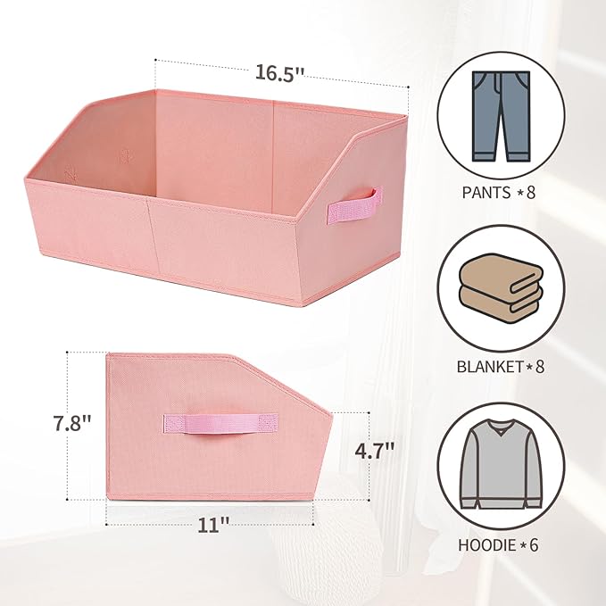 Homsorout Closet Baskets for Shelves Trapezoid - Decorative Storage Baskets with Handle, Closet Bins for Organization, Shelf Storage Bins for Clothes, Books, Home, Office, 8 Pack, Pink - Image 2