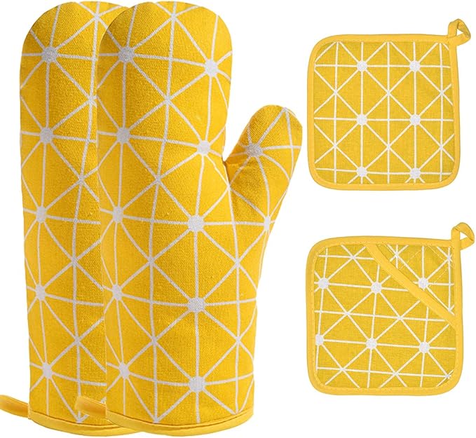 Oven Mitts and Potholders BBQ Gloves-Oven Mitts and Pot Holders with Recycled Infill Silicone Non-Slip Cooking Gloves for Cooking Baking Grilling (4-Piece Set) (Yellow-02) by Win+Change