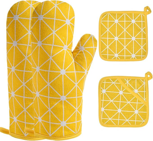 Oven Mitts and Potholders BBQ Gloves-Oven Mitts and Pot Holders with Recycled Infill Silicone Non-Slip Cooking Gloves for Cooking Baking Grilling (4-Piece Set) (Yellow-02) by Win+Change