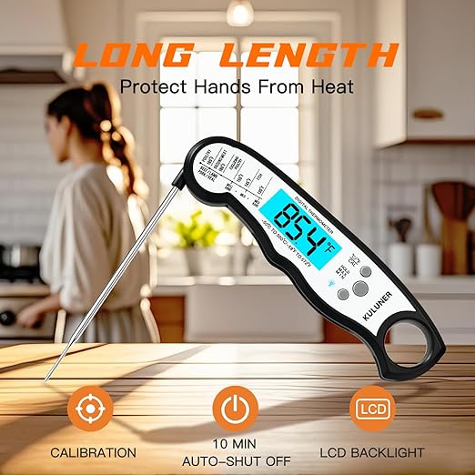 KULUNER TP-01 Waterproof Digital Instant Read Meat Thermometer with 4.6 Folding Probe Backlight Calibration Function for Cooking Food Candy, BBQ Grill, Liquids,Beef(White) - Image 5