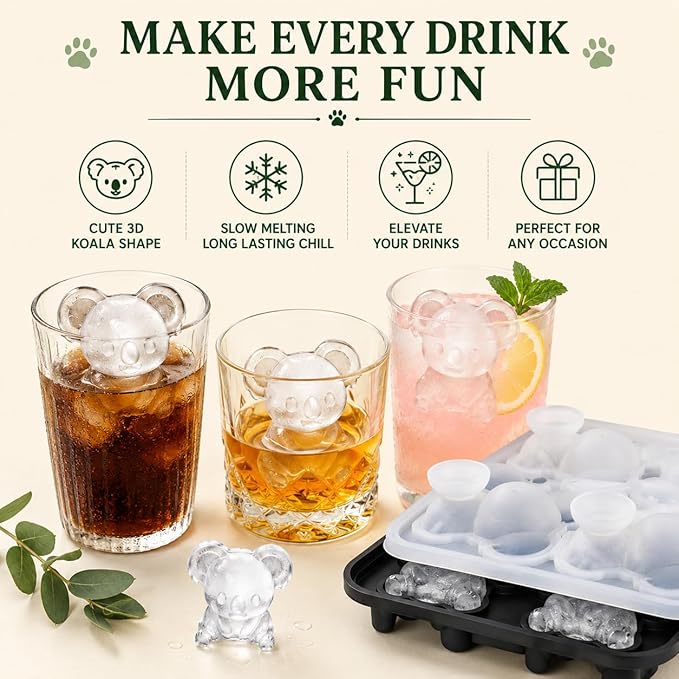 Koala Ice Cube Tray Mold - 3D Koala Shape Ice Cube Trays, Cute Ice Cube Molds for Whiskey Bourbon, 4-Hole Large Fun Shapes Ice Cube Trays, Funny Koala Gifts for Koala Animal Lovers Women Men