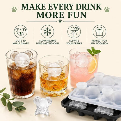 Koala Ice Cube Tray Mold - 3D Koala Shape Ice Cube Trays, Cute Ice Cube Molds for Whiskey Bourbon, 4-Hole Large Fun Shapes Ice Cube Trays, Funny Koala Gifts for Koala Animal Lovers Women Men