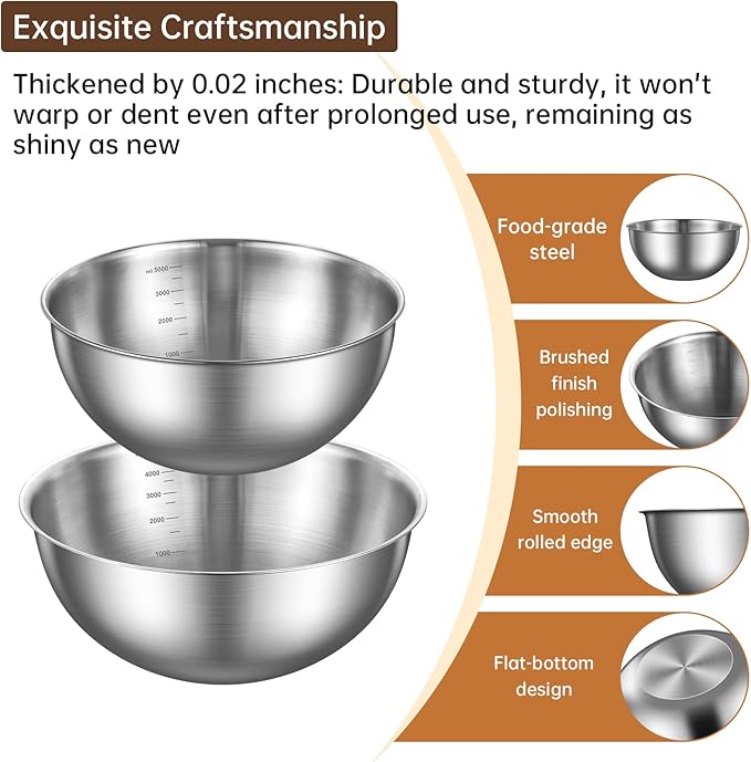 Gronivex Stainless Steel Mixing Bowls Set of 2 (4.2 & 5.3 Qt), Food Grade 304, Dishwasher Safe, Stackable Nesting Bowls for Baking, Salad Prep & Cooking - Image 2