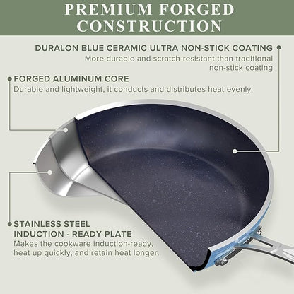 Nuwave Healthy Duralon Blue Ceramic Nonstick Cookware Set, Diamond Infused Scratch-Resistant, PFAS Free, Dishwasher & Oven Safe, Induction Ready & Evenly Heats, Tempered Glass Lids & Stay-Cool Handles - Image 2