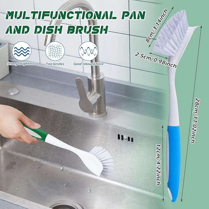 Hsei 20 Pcs Blue and Green Kitchen Scrub Dish Brush Bulk with 11 Inch Anti Slip Handle Cleaning Dish Scrubber with Stiff Bristles Washing Scrub Brushes for Housekeeping for Pots and Pans, Kitchen Sink - Image 2