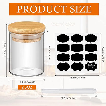Roshtia Glass Spice Jars with Bamboo Airtight Lids Labels and Chalk Marker Food Storage Container Clear Spice Storage Bottle for Kitchen, Herbs, Seasoning, Seed, Tea, Sugar (12 Pcs,2.5 Oz)
