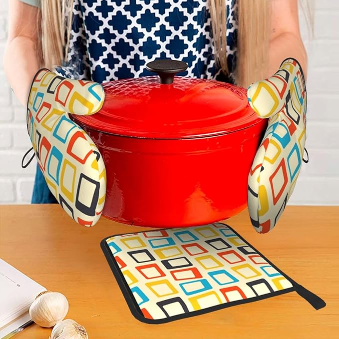 Mid Century Modern Oven Mitts and Pot Holders Sets of 3 Retro Heat Resistant Non Slip BBQ Gloves for Cooking Grilling Baking Kitchen Decor - Image 7