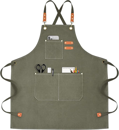 OUNLEN Chef Apron for Men Women Canvas Aprons with 3 Pockets Cross Back Resistant Work Apron for Cooking by OUNLENAPRON
