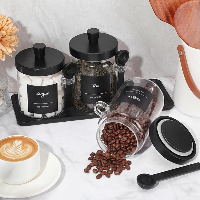 Suclain 3 Pcs Glass Coffee Container with Wooden Lid Spoon Shelf Labels Clear Airtight Jar Food Storage Canister Set for Sugar Spice Coffee Bean Holder Housewarming Gift (13.5,20,25 oz,Black Bamboo) - Image 5