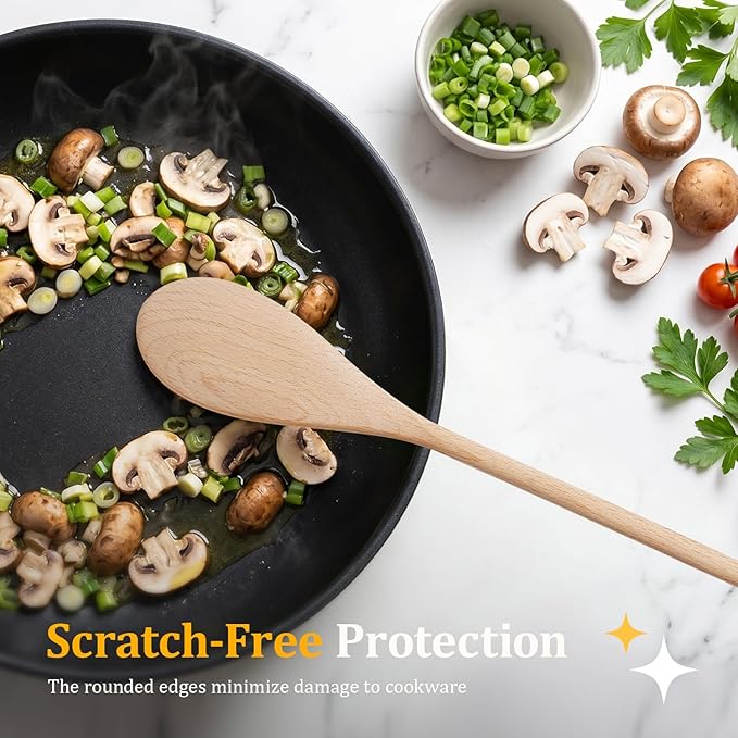 Cooking Wooden Spoons, MORGLES 14-Inch Serving Spoons for Stirring Mixing Serving Long Handle Plastic Free Reusable Non Scratch Dishwasher Safe, 5PCS