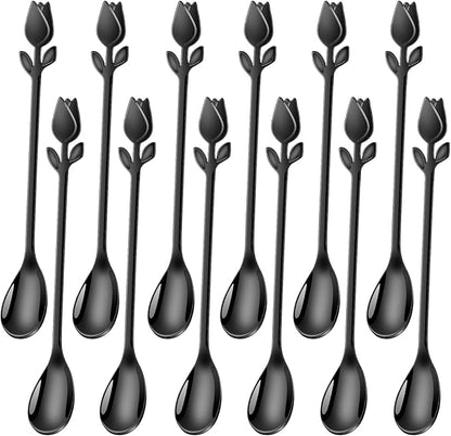 Black Tulip/Rose Handle 12-Pcs Mini Coffee Spoons Set - 6" Stainless Steel for Espresso, Tea, Dessert - Ideal for Demitasse & Small Servings by SGvrPvz
