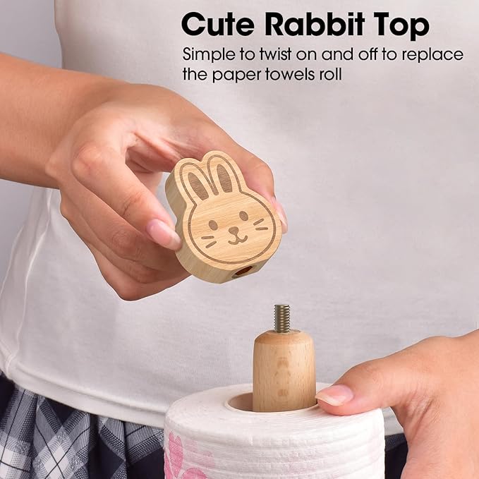KitchLife Cute Wooden Paper Towel Holder Countertop - Solid Freestanding Paper Towel Dispenser Stand Organizer with Anti-Skid Base (Rabbit) - Image 4