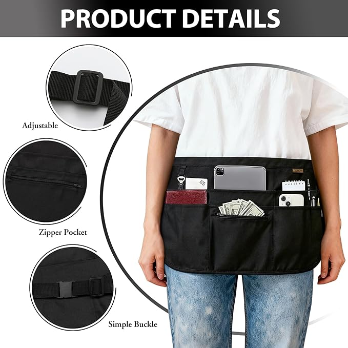 BOHARERS Black Waitress Apron 7 Pockets Server Apron with Buckle Closure & Zippered Money Pouch Stain Resistant