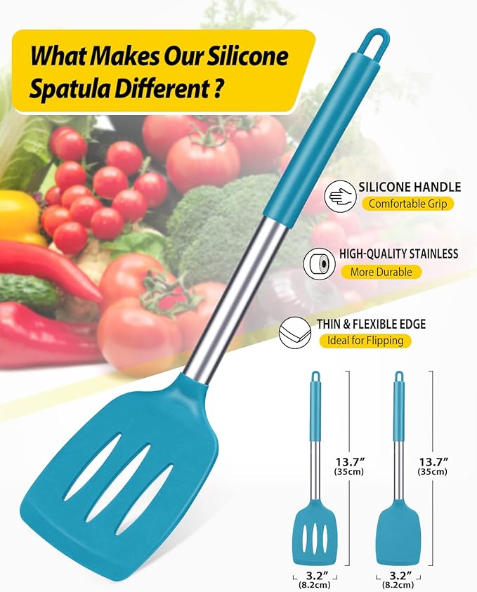 Pack of 2 Silicone Solid Turner, Non Stick Slotted Kitchen Spatulas, High Heat Resistant BPA Free Cooking Utensils, Ideal Cookware for Fish, Eggs, Pancakes(Blue) - Image 2