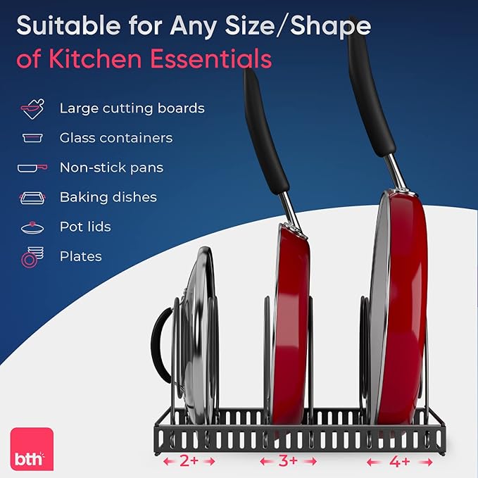 Better Things Home 7.5” Wide 6-Slot Adjustable Large Pan and Pot Lid Organizer with Scratch-Free Pads, Single Large Rack with 6 Adjustable Dividers, Cutting Boards, Baking Sheet, Inside Cabinet - Image 6