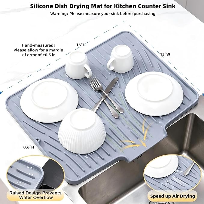 Silicone Dish Drying Mat for Kitchen Counter Sink,16"x13" Gray Rubber Dish Drying Mat with Drain Lip & Lanyard,Non-Slip dish drying Pad,silicone drying mat easy clean dish drain mat - Image 2