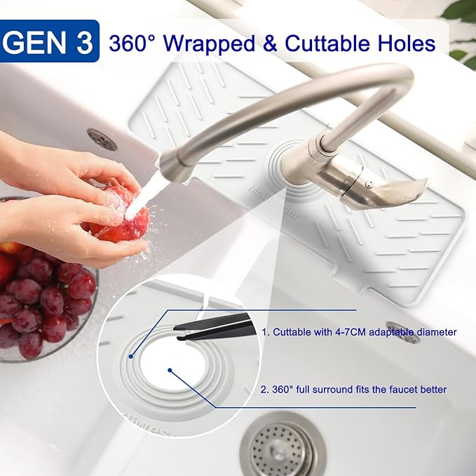 Silicone Faucet Mat for Kitchen Sink – Gen 3 10° Slope Splash Guard with Cuttable Hole – 14” x 5.5” Drip Catcher & Sponge Holder for Kitchen, Bathroom (Gray)