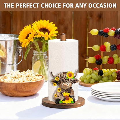 Highland Cow Paper Towel Holder, Cute Highland Cow Decor for Farmhouse Kitchen Bathroom Countertop, Wooden Stand with 3D Accent, Fits Standard & Jumbo Rolls, Gifts for Women Mom Grandma
