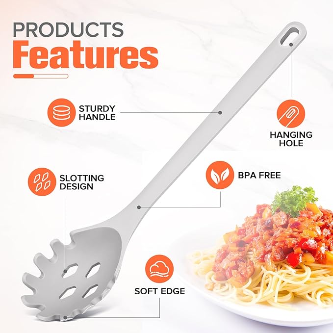 Silicone Spaghetti Spoon&Soup Ladle Cooking Utensils Set of 2,No Scratch for Nonstick Cookware,BPA Free, 450℉ Heat Resistant (GRAY) - Image 5