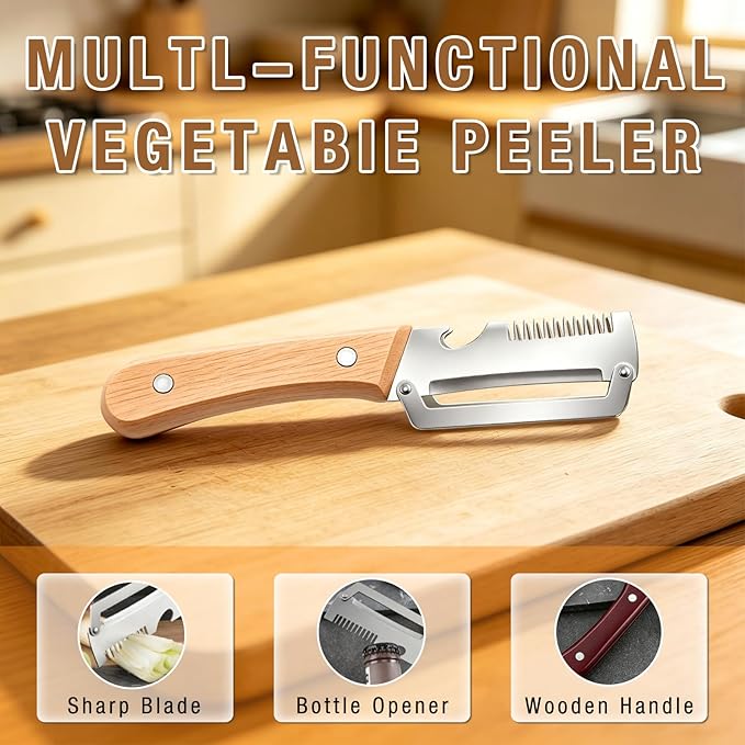 2 Pack Multifunctional Vegetable Peeler with Wooden Handle, 3-In-1 Veggie Peeler with Scallion Shredder and Bottle Opener, Stainless Steel Kitchen Peeler for Fruit Pumpkin Potato Carrot - Image 3