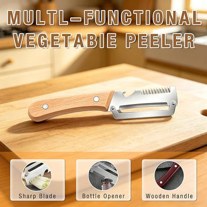 2 Pack Multifunctional Vegetable Peeler with Wooden Handle, 3-In-1 Veggie Peeler with Scallion Shredder and Bottle Opener, Stainless Steel Kitchen Peeler for Fruit Pumpkin Potato Carrot - Image 3