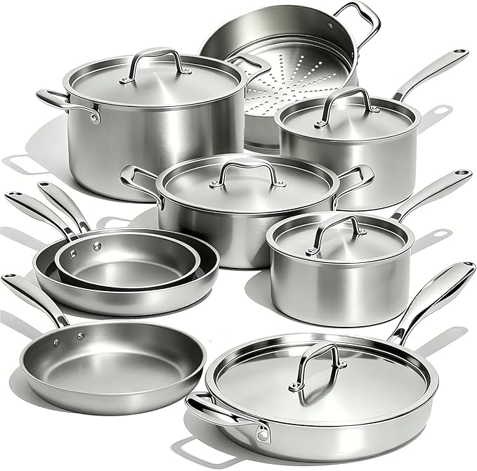 Umite Chef Stainless Steel Cookware Set, 5 Ply 14 Piece Stainless Steel Pot and Pan Set-Induction, Heavy Chef Quality, Oven Safe | Professional Kitchen Cooking Appliances, PFOA, PTFE & PFOS Free by UmiteChef