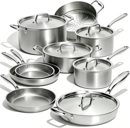 Umite Chef Stainless Steel Cookware Set, 5 Ply 14 Piece Stainless Steel Pot and Pan Set-Induction, Heavy Chef Quality, Oven Safe | Professional Kitchen Cooking Appliances, PFOA, PTFE & PFOS Free by UmiteChef