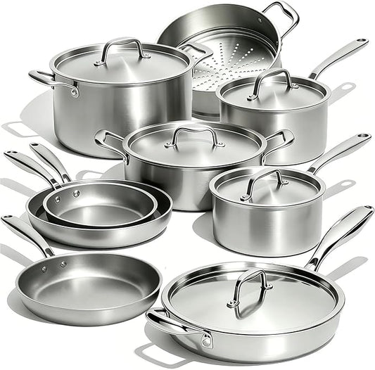 Umite Chef Stainless Steel Cookware Set, 5 Ply 14 Piece Stainless Steel Pot and Pan Set-Induction, Heavy Chef Quality, Oven Safe | Professional Kitchen Cooking Appliances, PFOA, PTFE & PFOS Free by UmiteChef
