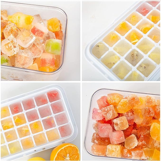 Ice Cube Tray with Lid and Bin, 64 pcs Ice Tray Kit with Ice Scoop, Ice Cube Pop Out Tray, Ice Cube Trays for Freezer, Ice Cube Molds, BPA Free, Easy Release Stackble Spill-Resistant ZZWILLB (Pink)