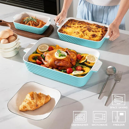 Sweejar Ceramic Baking Dish Set, Cake Baking Dish for Brownie, Porcelain Striped Casserole Dishes for Oven with Handle for Lasagna, Family Dinner(Turquoise) - Image 2