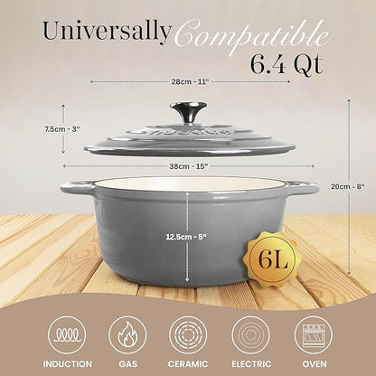 Nuovva Enamelled Cast Iron Dutch Oven Pot with Lid – 6.4 Quart Non Stick Casserole Pot – Heavy Duty & Oven Safe up to 500° F for Bread Baking, Braising, Stews, Roasting – 28cm Grey - Image 2