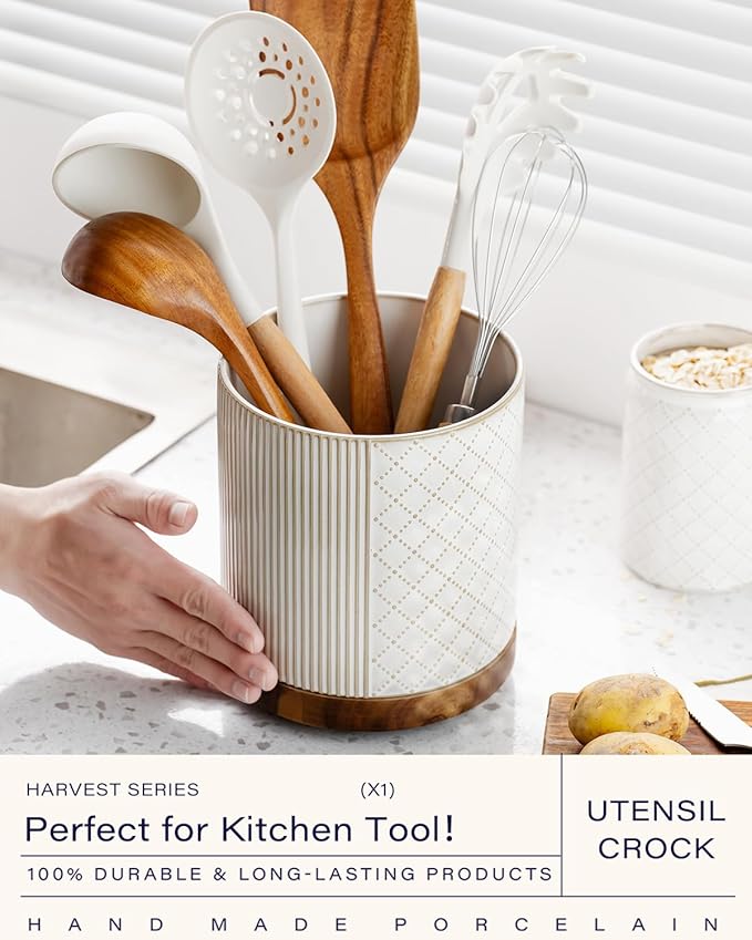 getstar Extra Large Rotating Utensil Holder for Kitchen Counter, 7.2" Ceramic Utensils Crocks Set for Countertop Large & Small Utensil Organizer for Spatula Farmhouse Kitchen Decor - Image 3