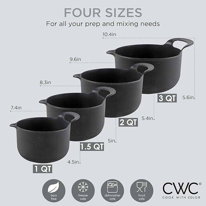 COOK WITH COLOR Nesting Plastic Mixing Bowl Set with Pour Spouts and Handles, Black Speckled, 4 Piece Non-Slip - Image 4